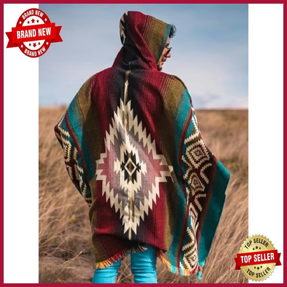 Handmade Alpaca Wool Poncho Hooded Oversized Mens Outerwear - Picture 4 of 8